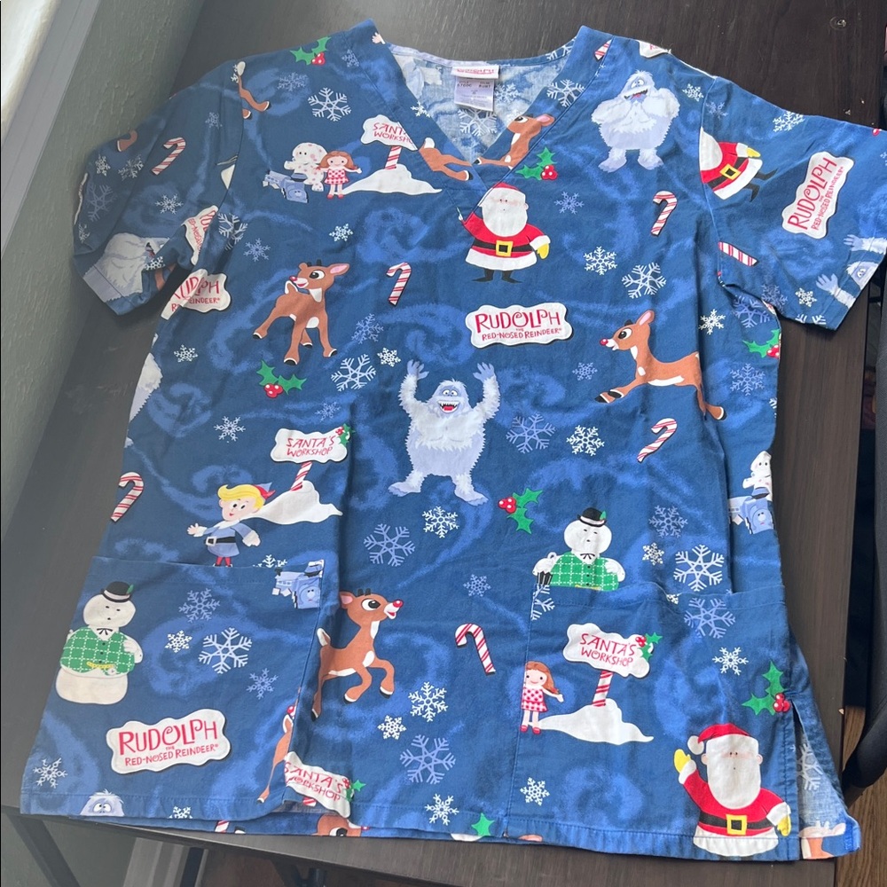 Rudolph Women's Christmas Blue Scrubs Top size small